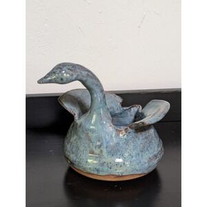 Art Studio Pottery Swan Container‎ Beautiful Blue Glaze 7 1/2" Artist Signed